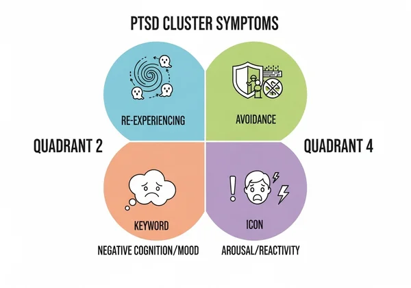 Visualizing PTSD's four symptom clusters and their effects.