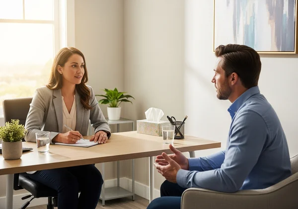 Clinician conducting a CAPS-5 structured interview with a patient.