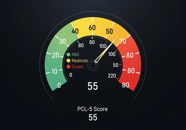 Digital display showing PCL-5 score severity ranges (0-80)