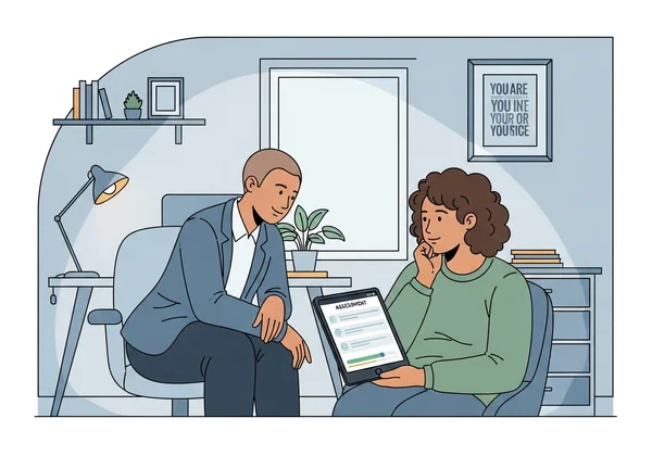 Clinician and client discussing PTSD assessment