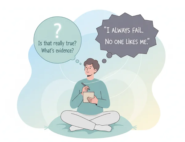 Person questioning negative thoughts with a notepad