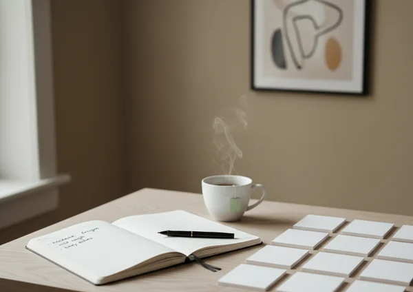 증상 기록과 차가 놓인 조용한 책상