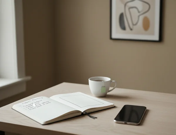 전화기 옆에 있는 지원 계획 노트